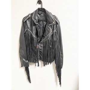 Nasty Gal Black Faux Leather Studded‎ Fringe Moto Jacket Asymmetric Zip Size 10